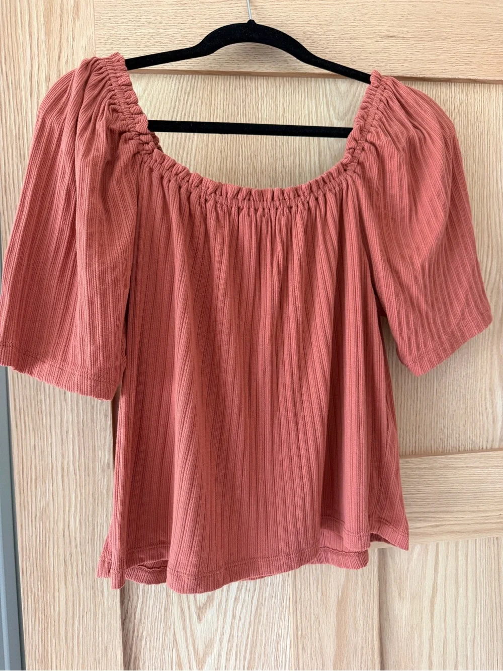 Madewell Knit Pointelle Peasant Top in Terracotta